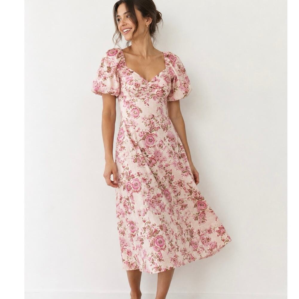 Avec Les Filles NWT Linen Floral size 2 Midi Puff Sleeve Dress